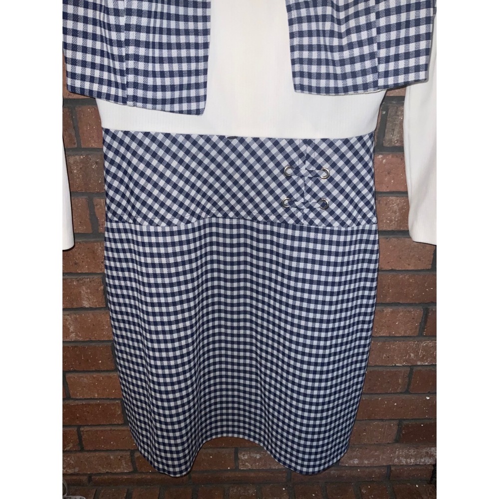 Vintage 60s Mod Gingham Check Faux Vest Turtleneck Dress Navy Blue White - Picture 2 of 5